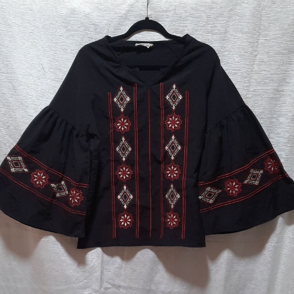 Embellished Black and Red Bell Sleeve Blouse